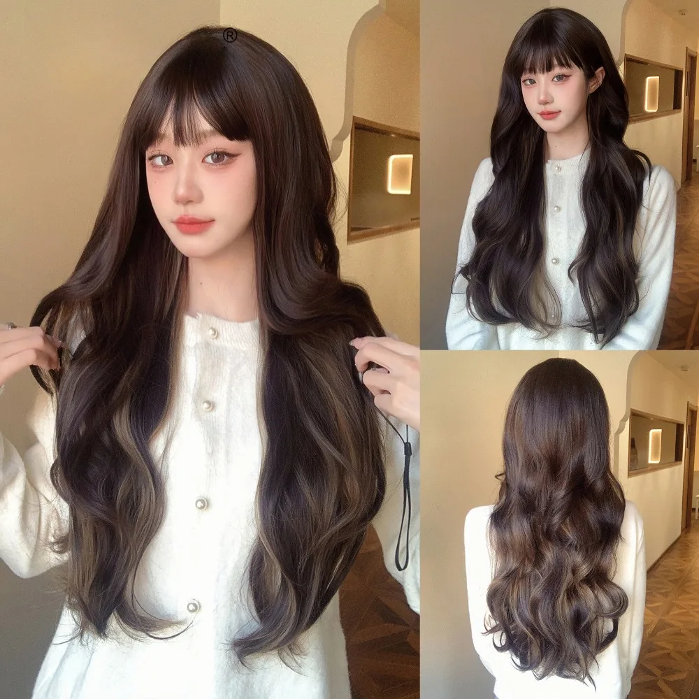 Brown Wig with Bangs for Women Long Wavy Hair Wig Brown Highlight Wig Curly Wavy Synthetic Wigs for Girls Daily Party Use