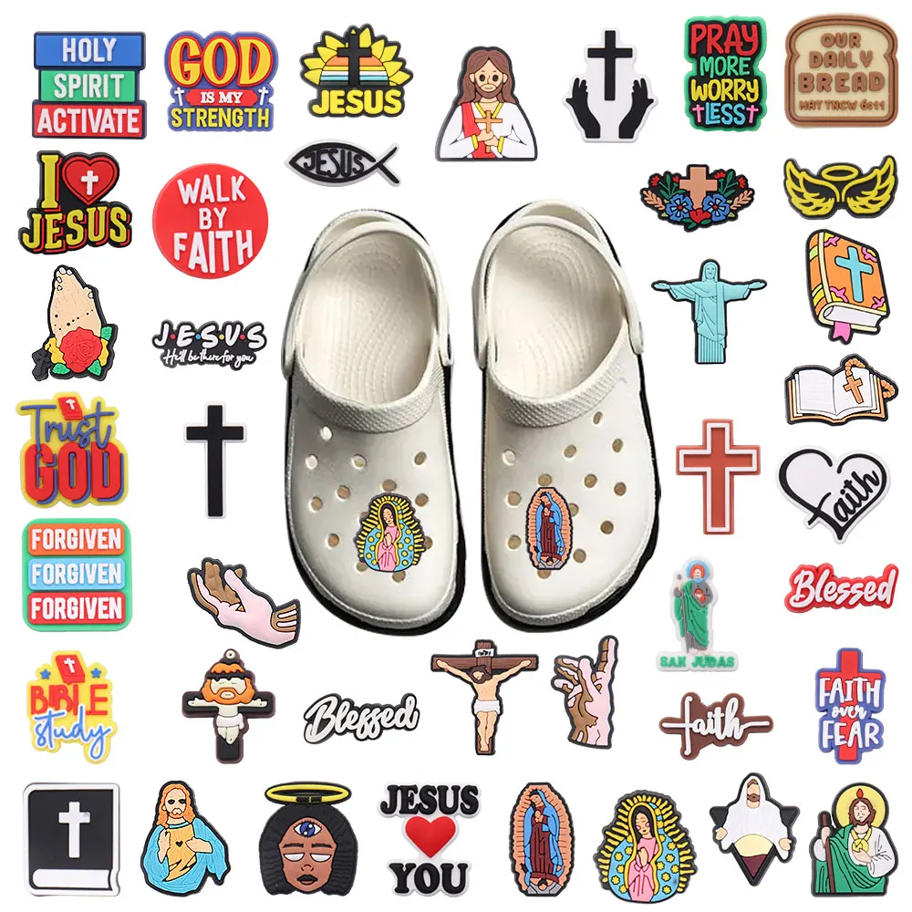 Mix 50pcs PVC God Is My Strength Hand Jesus Holly Spirit Active Faith Over Fear Shoe Charms Decorations Kids Party Xmas Gifts