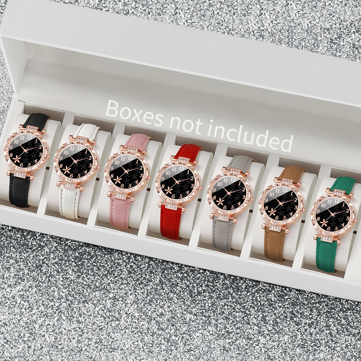 7PCS/Set Fashion Rhinestone Women\'s Watch Leather Band Female Quartz Watches (Without Box)