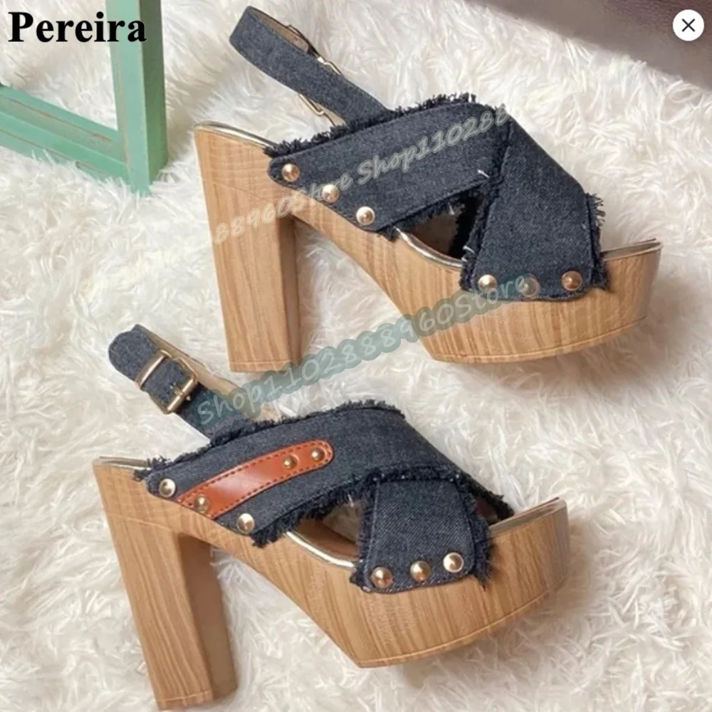 

Dark Gray Denim Cross Strap Wood Printing Sandals Chunky High Heel Shoes For Women Buckle Strap Open Toe Occidental Sandals