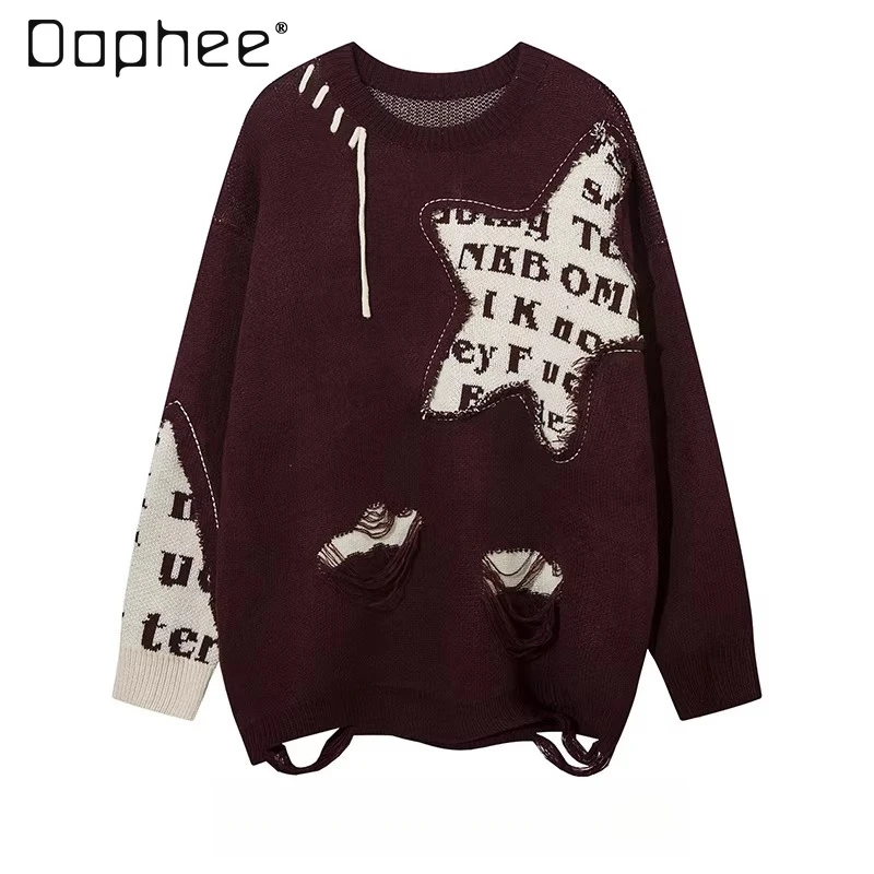 Autumn Winter New Black Letter Patchwork Round Neck Long Sleeve Casual Sweater American High Street Men's Purple Knitwear