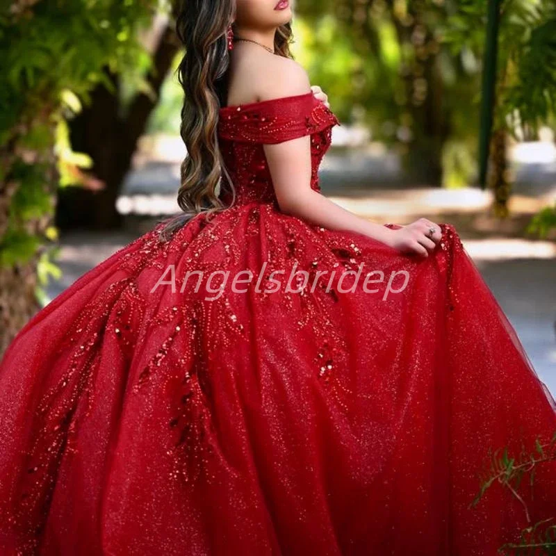 Angelsbridep Customized Glitter Red Ball Gown Quinnceanera Dress Elegant Womens Sweet 16 Party Dresses Shiny Appliques Sequined