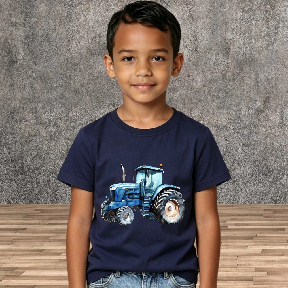 Cartoon Tractor Print Cotton Tops Boys Kids Summer Casual Short Sleeve Tees Shirt