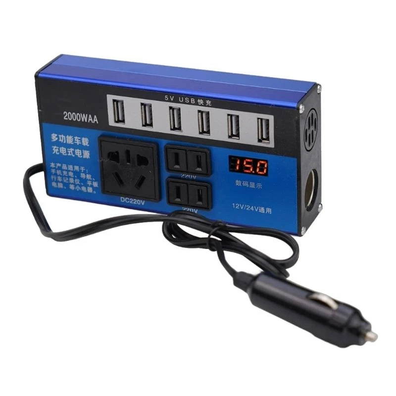 Car Converter Power Inverter 12V/24V To 110V/220V, 1500W High Efficiency with 6 Ports Chargers For Vehicles And Trucks
