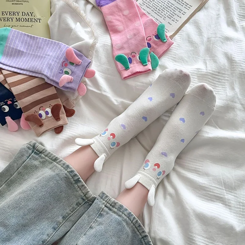 Calcetines de tubo de corte bajo con orejas de dibujos animados para niñas, conjunto de calcetines Kawaii, Harajuku, moda japonesa, lote de 6 pares