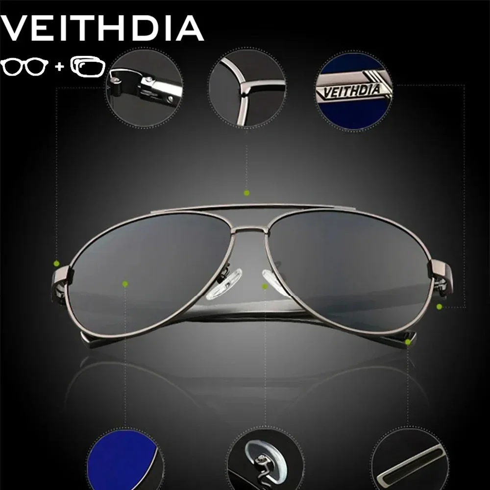 VEITHDIA New Fashion Customizable Men Prescription Sunglasses Unisex Vintage Polarized UV400 Sports Pilot Myopia glasses P26050