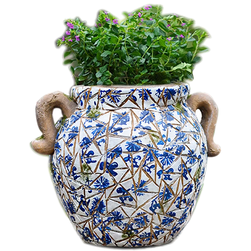 Blue-and-White Planter for Balcony, Decorative Porcelain Pot for Villa, Vintage Ceramic Container for Courtyard Shop Window