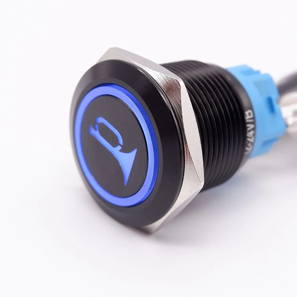 19mm Customizable Button Black Self-Reset/Latching Push Button Switch With Led Light Car Function Identification Glow Symbol 12V