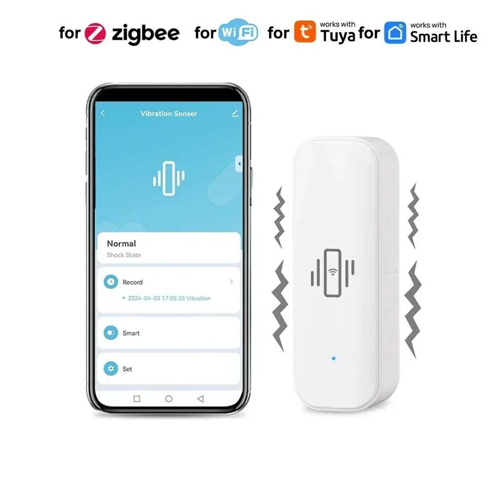 สำหรับ Zigbee เซ็นเซอร์สั่นสะเทือนเซ็นเซอร์การสั่นสะเทือนแบบเรียลไทม์ WiFi ความปลอดภัยในบ้านแจ้งเตือนแบบเรียลไทม์ป้องกันจอระยะไกล