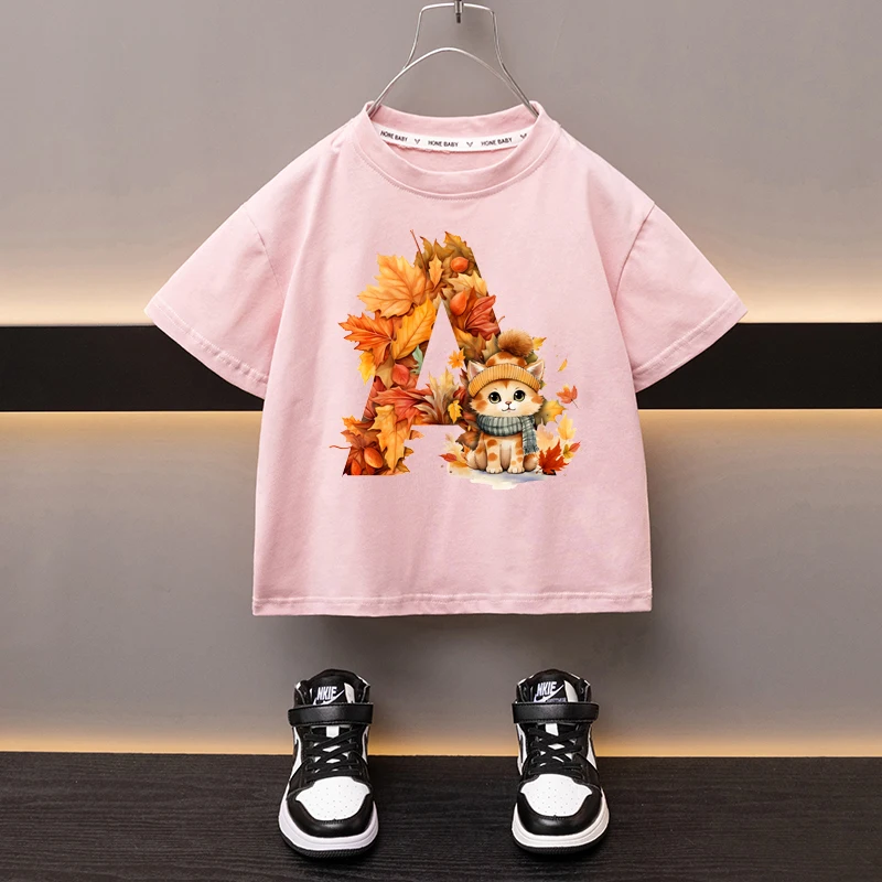 Maple Leaves Letter A Children T-shirt Kawaii Clothes for Girls T Shirt Anime Cartoons Casual Kid Boy Short Sleeve Tops New 2024