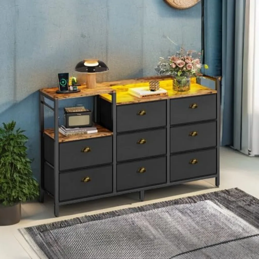 مخرج طاقة وخزانة ملابس بإضاءة LED مع 8 أدراج تشبه الجلد ومحطة شحن #6