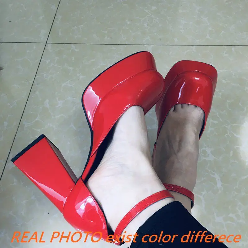 SIMLOVEYO Ladies Pumps Patent Leather Round Toe Chunky Heel 10.5cm Platform 3cm Buckle Strap Big Size 41 42 43 Sexy Dating