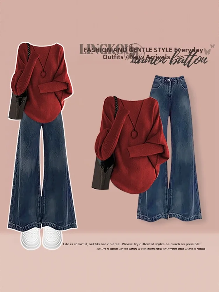 

Корейский женский вязаный свитер и джинсы-колокольчики, комплект из двух предметов, большие размеры, осенняя мода, легкий роскошный комплект для похудения
