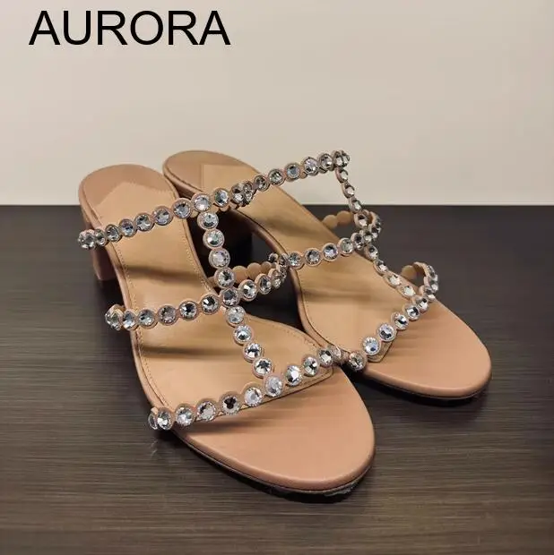 

2023 New Women's Summer All-Match Crystal Embellished Onestrap with Thick Heel Outerwear Half-Trail High-Heeled Sandals