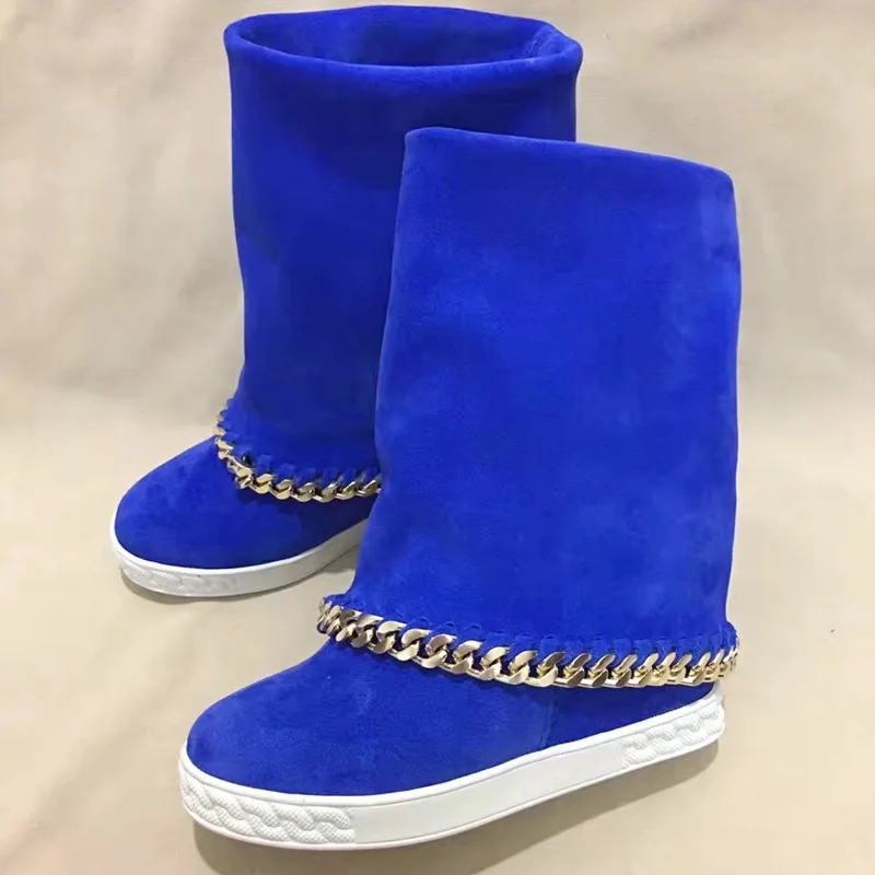 Royal Blue Suede Leather Women Chains Rim Mid-Calf Boots Round Toe Inside Wedge Heel Boots Slip On High Heel Boots