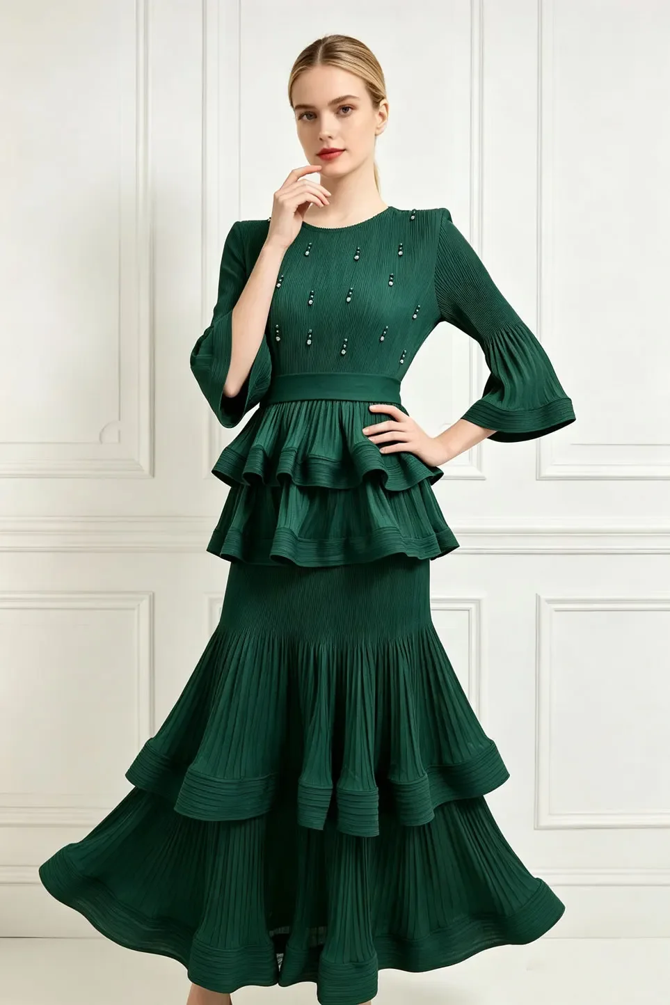 Elegant Miyake Pleated Women Dress Round Neck Flare Sleeve Beaded Multi Layer Ruffle Skirt Formal Evening Party Long Robe