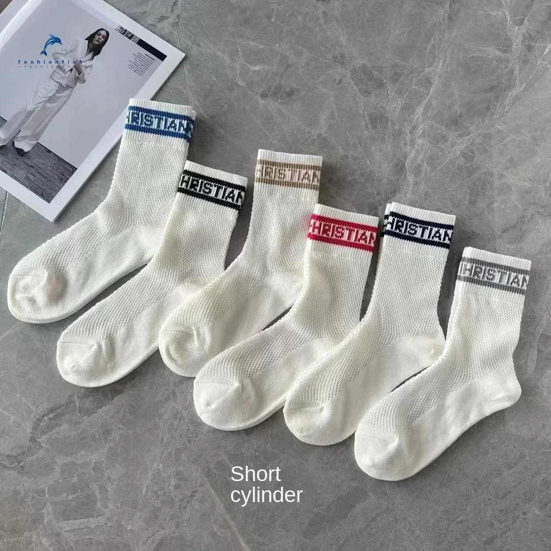 Женские сетчатые носки до середины икры с надписью D, дышащие тонкие носки знаменитостей, же белые, черные пары