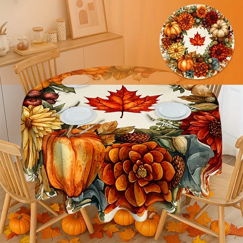 1 piece of round tablecloth, autumn wreath, maple leaves, Thanksgiving, autumn harvest, party, picnic, dinner tableclothxzj