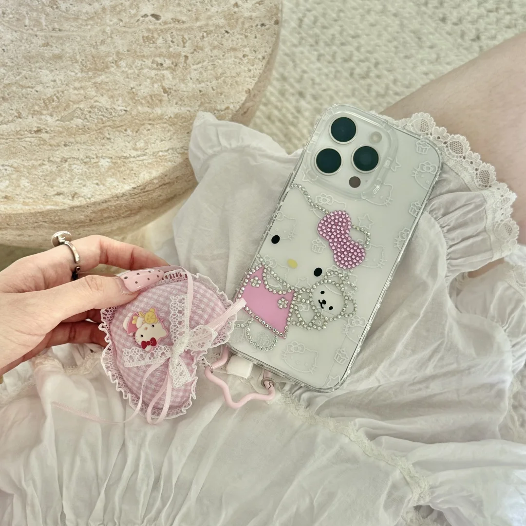 Rhinestone Bling Crystal Hello Kitty Polka Dot Phone Case For iPhone 16 12 13 14 15Pro Max Transparent Bumper Cover With Pendant