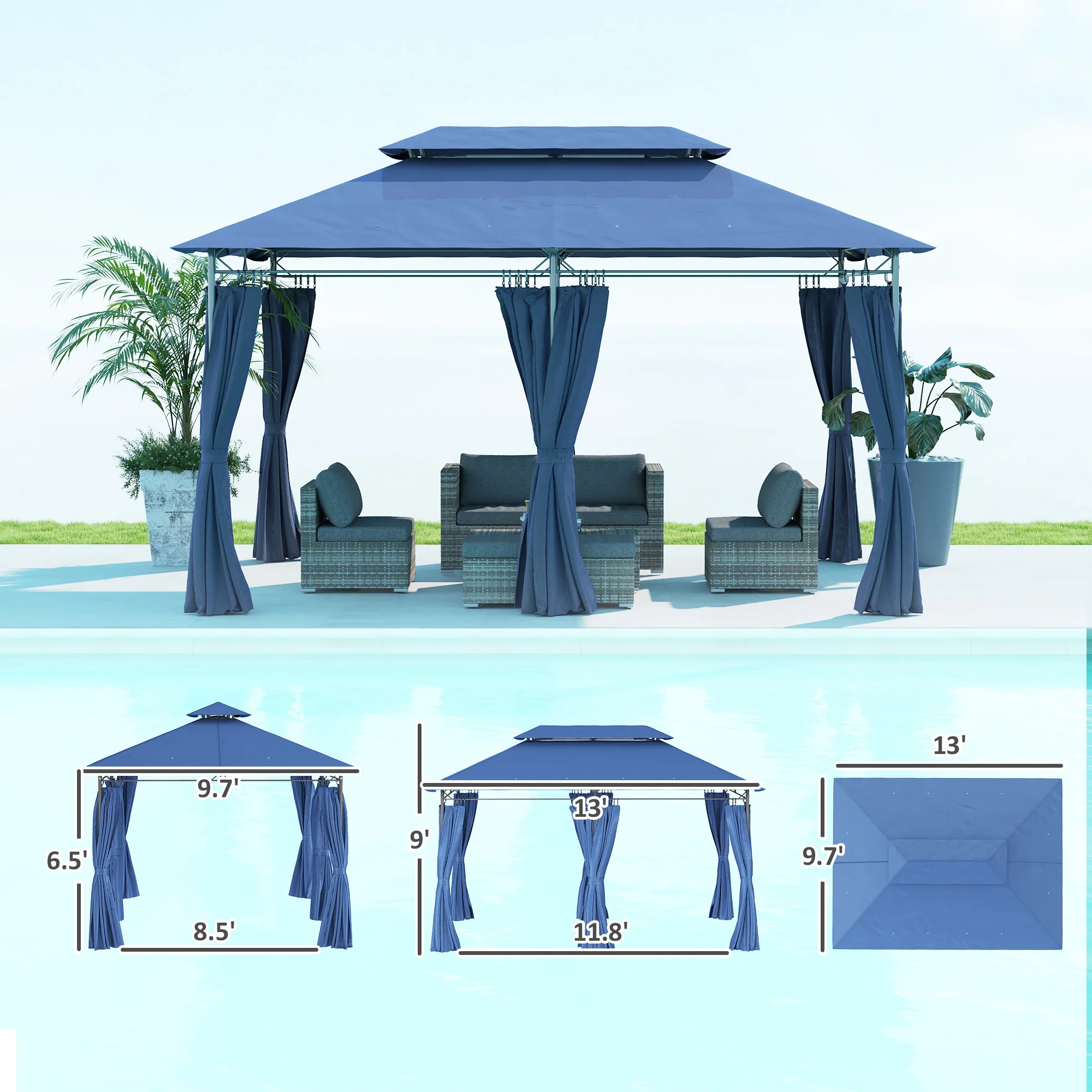 10 x 13 ft Double Roof Patio Gazebo with Curtains, Blue image 3