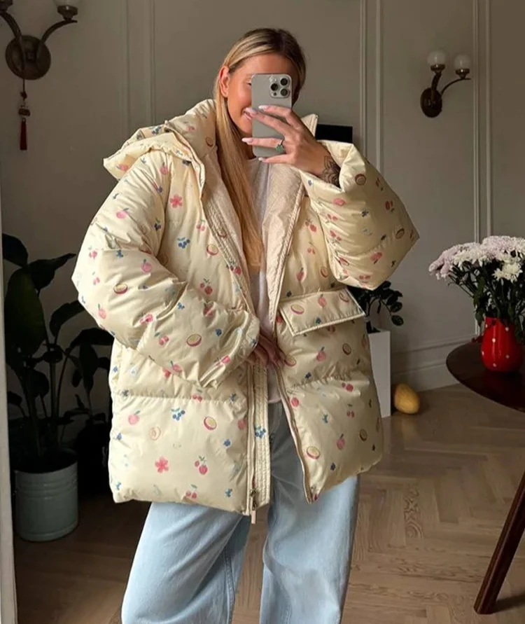 Giacca trapuntata oversize da donna con cappotto con tasca con cerniera a maniche lunghe con colletto alla moda e cappuccio