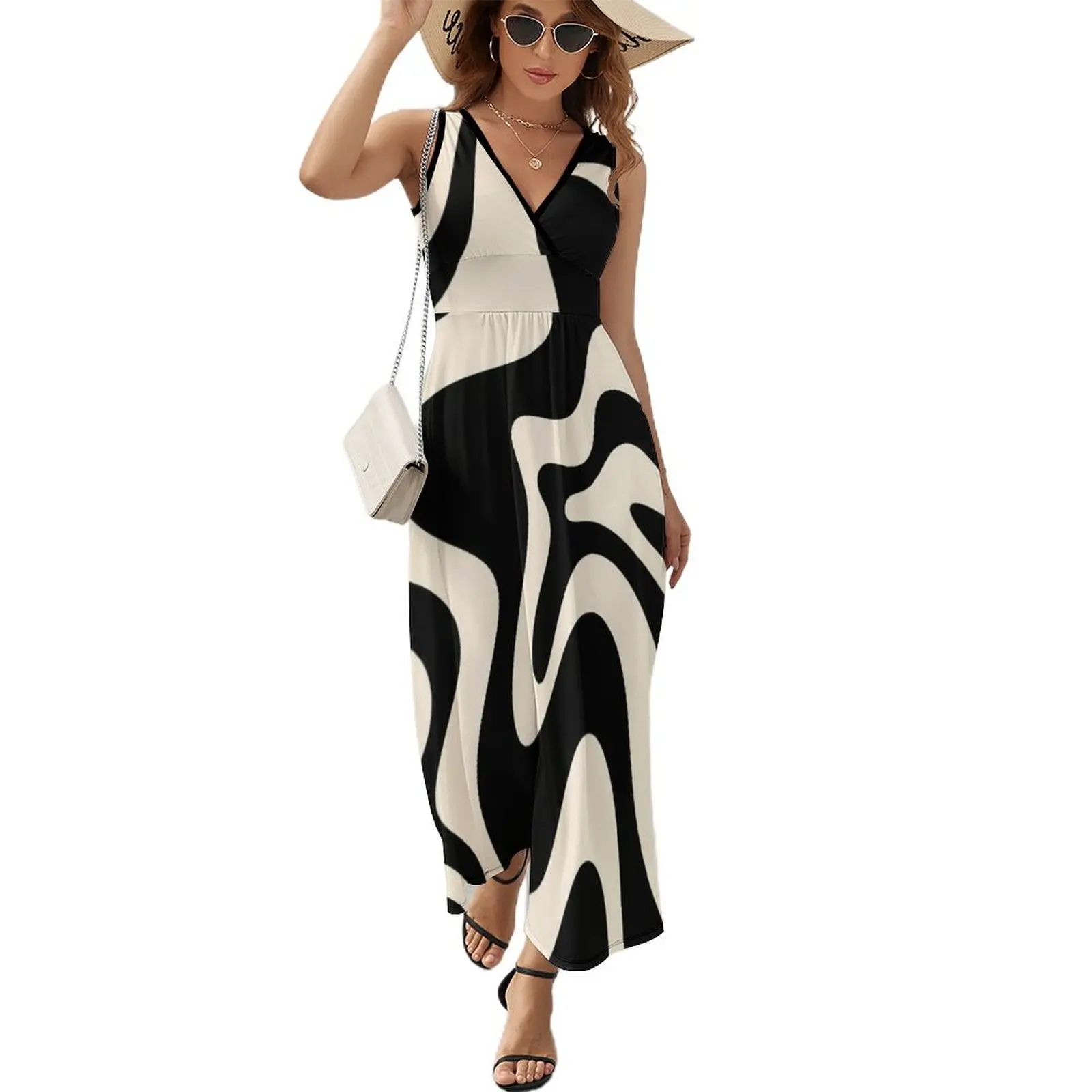 

Retro Liquid Swirl Abstract Pattern in Black and Almond Cream Sleeveless Dress elegant dresses plus sizes