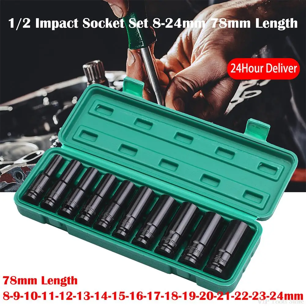 

10PCS Impact Socket Set 1/2 Drive Hex 8-24mm Spanner Deep Socket Key Long Pneumatic Wrench Head Mechanical Workshop Tools Garage