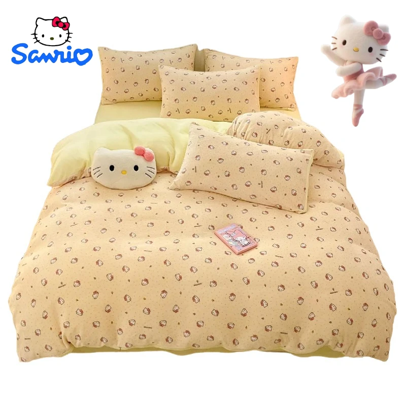 

Hello Kitty кремово-желтое постельное белье с героями мультфильмов, милые девушки, осень-зима, коралловый флис, теплые простыни, пододеяльник, комплект из четырех предметов, подарок
