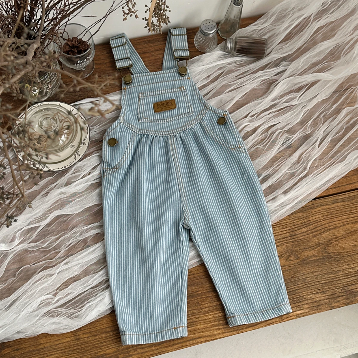 Unisex Baby Striped Denim Overalls Toddler Boys Girls Vertical Strap Jean Jumpsuit Adjustable Suspender Pants Casual Spring Trou