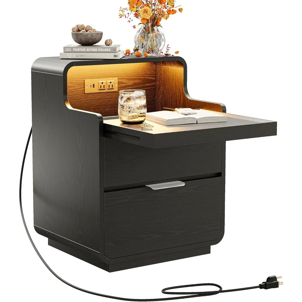 

Nightstand with Charging Station and LED Lights, Night Stand with Pull-Out Shelf, Morden End Table with 2 Drawers, Bedsi