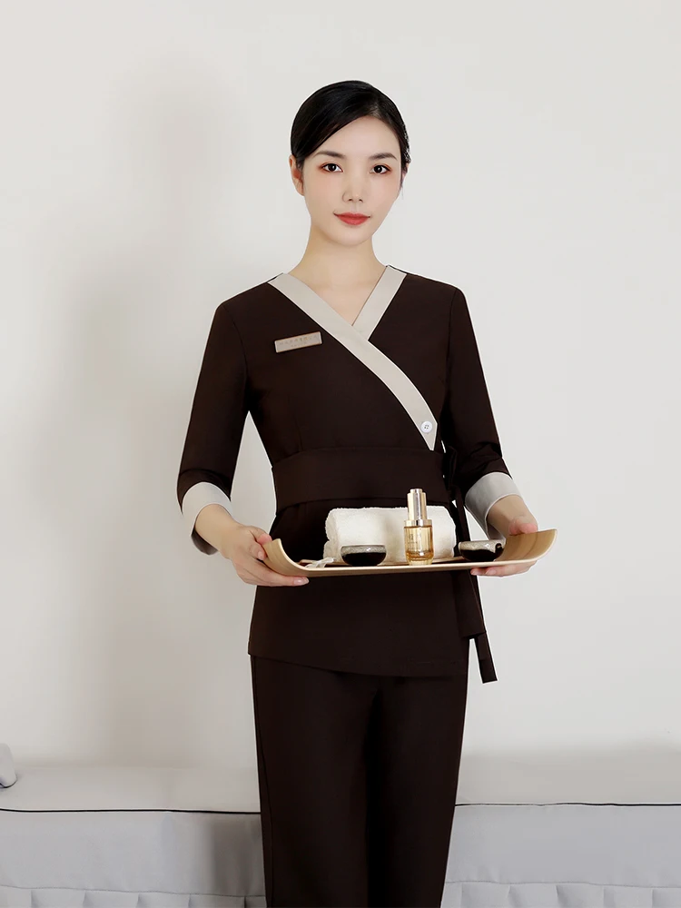 

Элегантный комплект униформы для салонов красоты и спа: женская рабочая одежда весна-лето, для педикюра, с длинными брюками и рукавами 3/4, из полиэстера