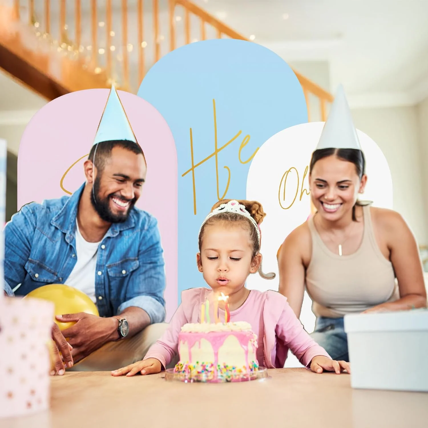 Copertura per arco rosa blu bianco Copertura per supporto per arco per rivelare il genere Sfondo per feste aderente in spandex Top rotondo per baby shower