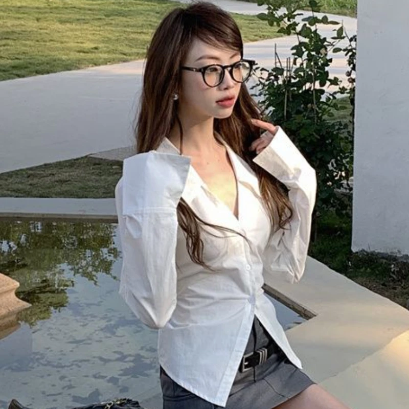 White Shirts Women Flare Sleeve Slim Spring Hotsweet Casual Korean Style Simple Females All-match Chic Temper Harajuku Popular