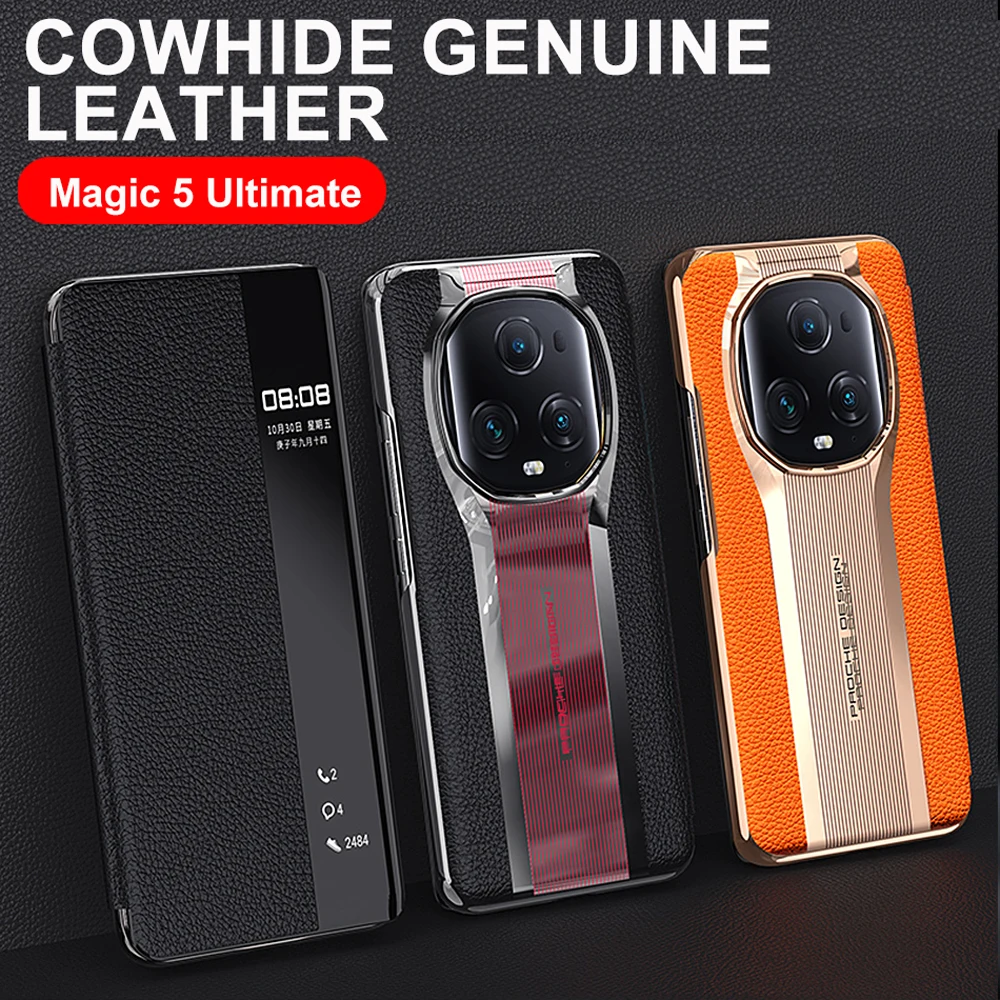 

Luxury Genuine Leather Flip Cover For Honor Magic 5 Ultimate Case Original Porsche design Smart Touch View Wake Sleep Up Casing