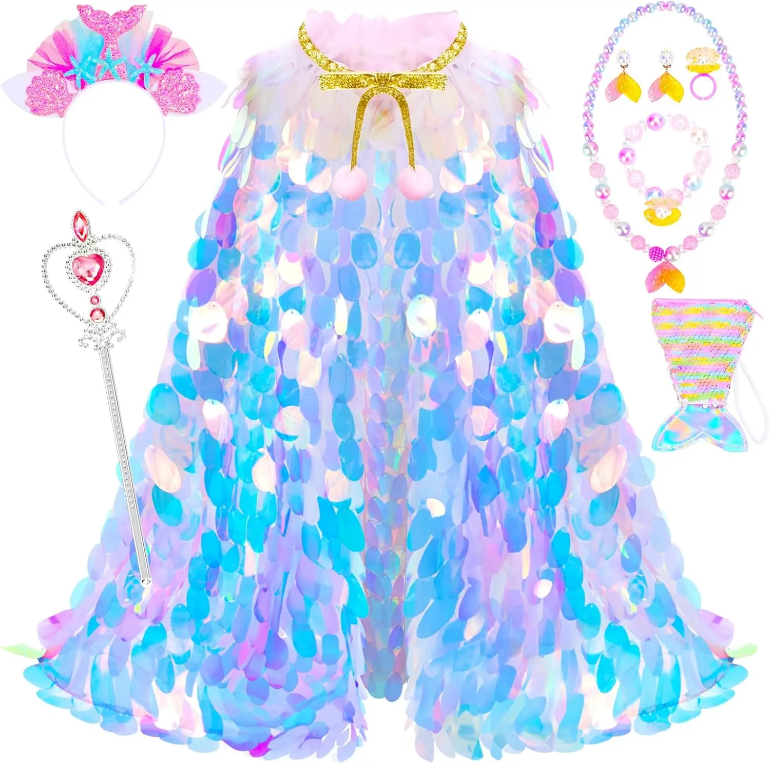 

Princess Dress Up Toys Princess Dress Up Clothes Rainbow Mermaid Cape Kit 9 Pcs Gift Set for Little Girls 3-8 Years