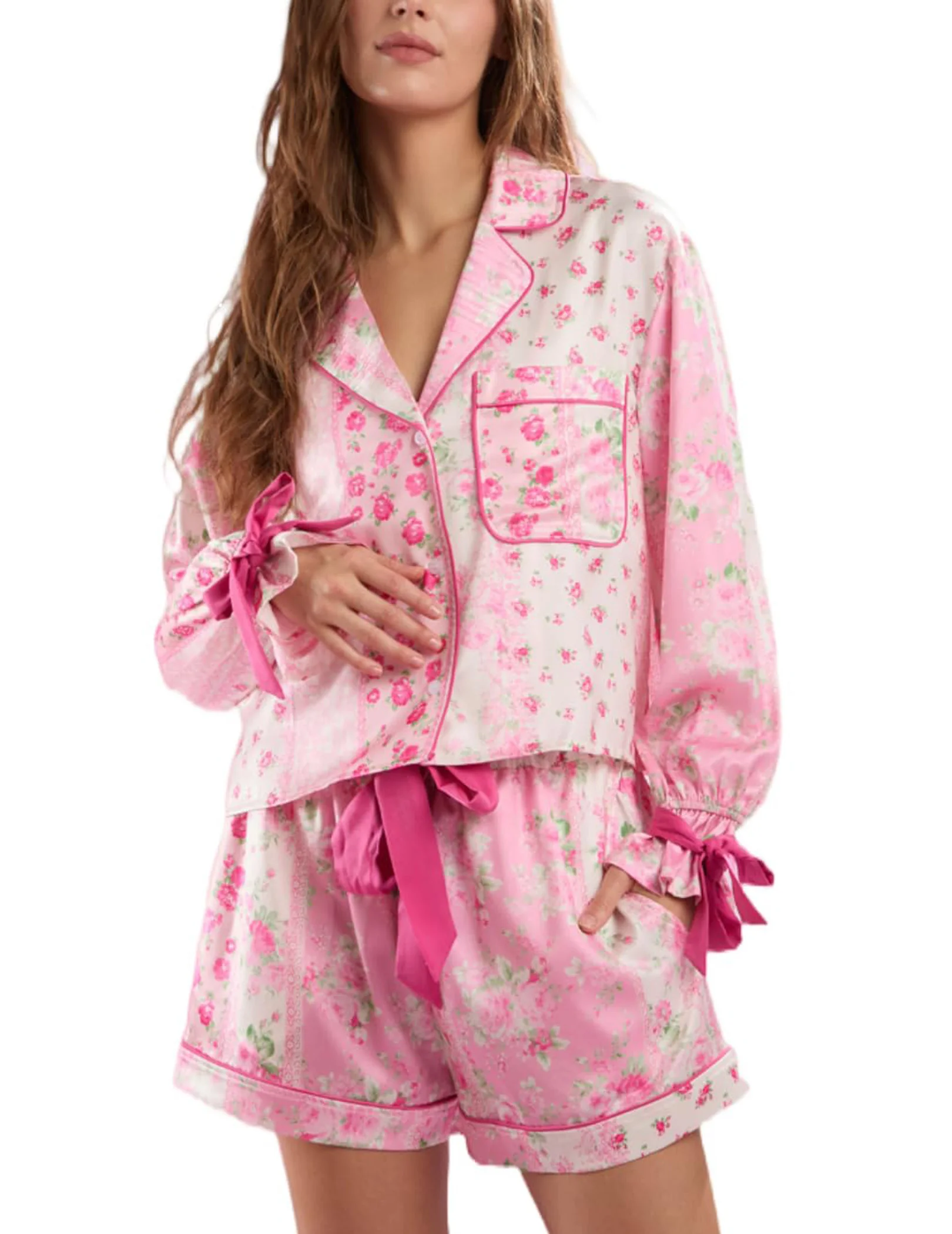 

Женский рождественский атласный пижамный комплект с длинными рукавами и шортами (розовый, размер L)