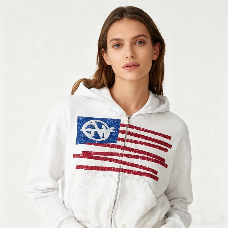 

Fall Women's Fashion Top American Vintage Style Gothic Harajuku-inspired Unique Print Zipper Hooded Cardigan Sweatshirt