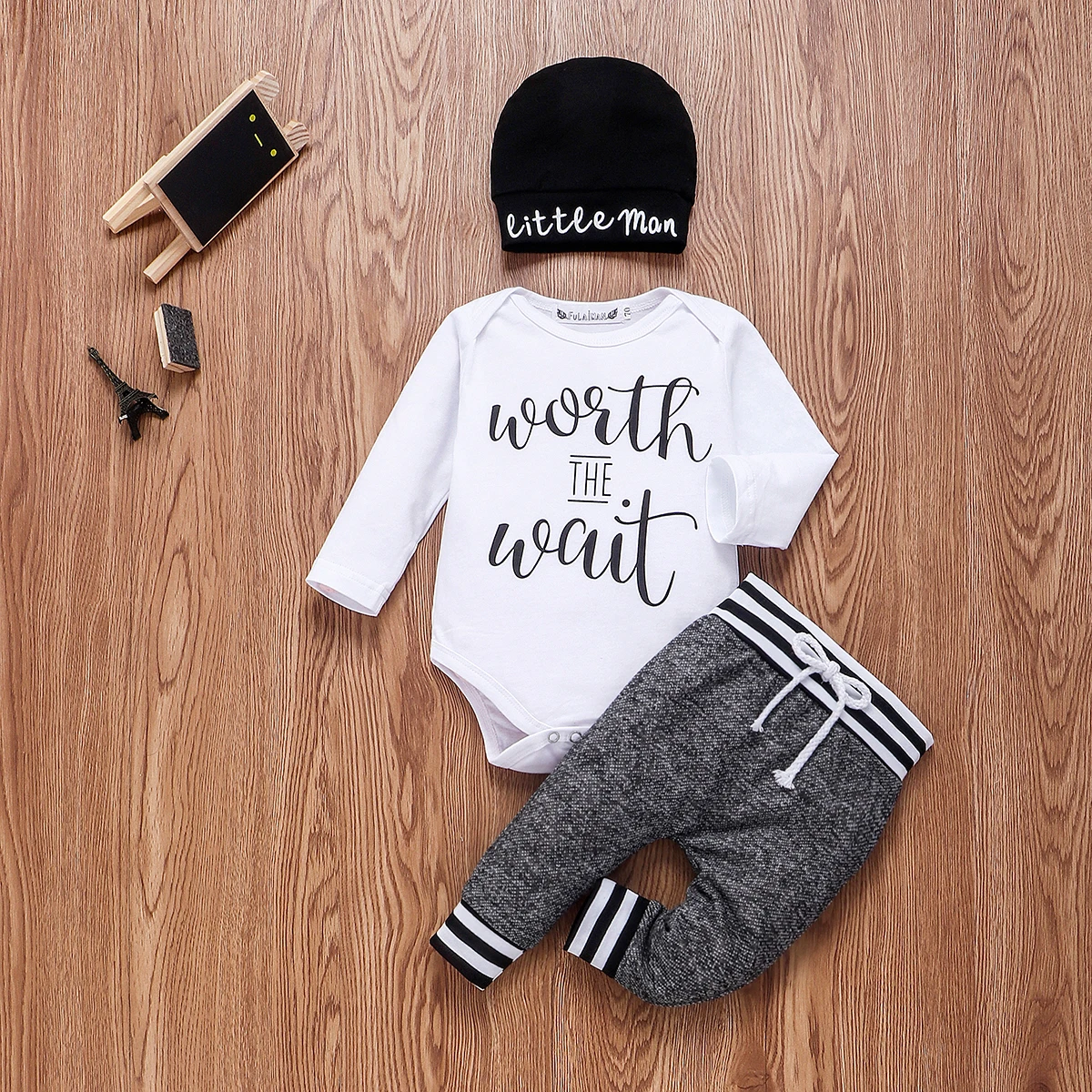 Newborn Baby Boy Clothes Cute Letter Print Long Sleeve Romper Bodysuit Pants Hat 3PC Coming Home Outfit