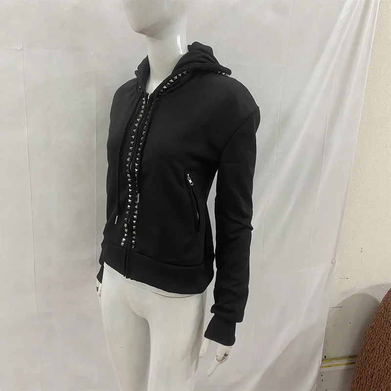 Y2K 뉴 이모 패션 리벳 지퍼 후드티 여성 하라주쿠 블랙 오버사이즈 후드티 고딕 레트로 클래식 스웨트셔츠 겨울 의류