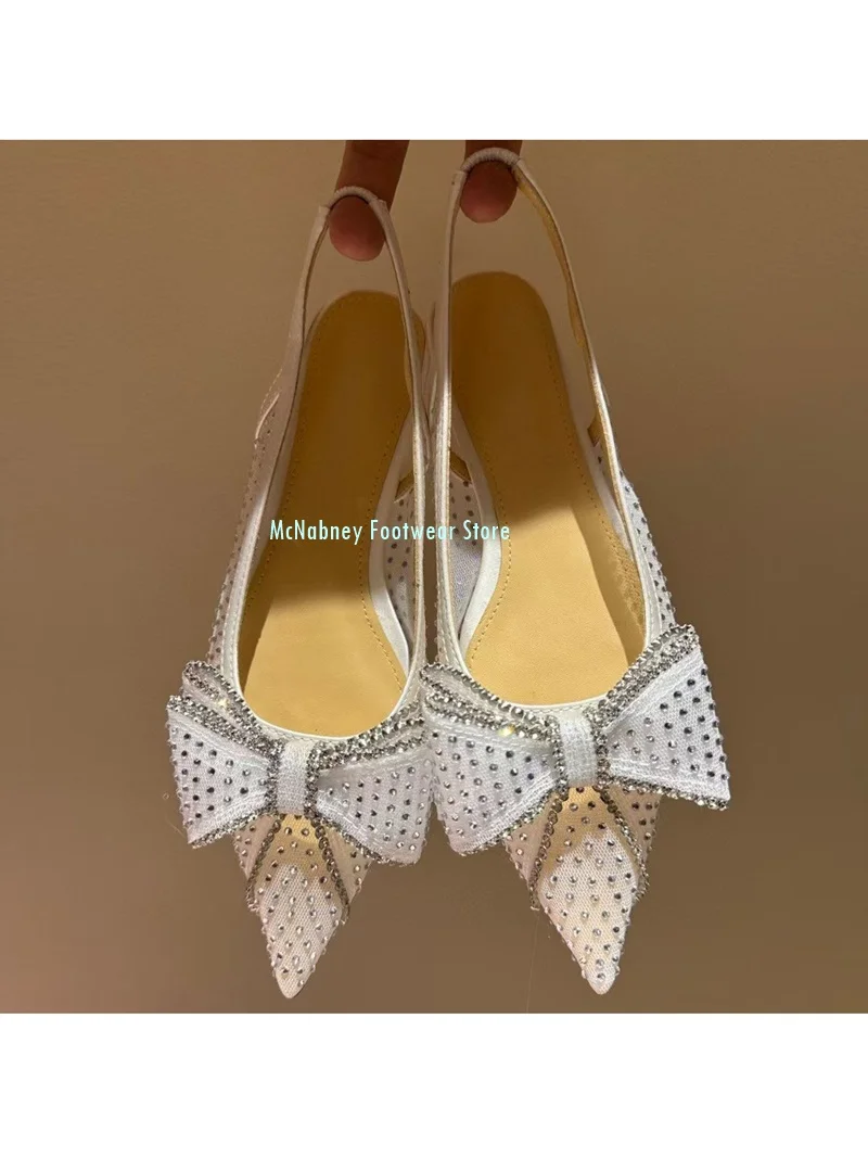 Pointed Mesh Fabric Bow Decoration Shallow Sandals Studded With Rhinestones Summer Stilettos Women's Shoes Manual Custom made