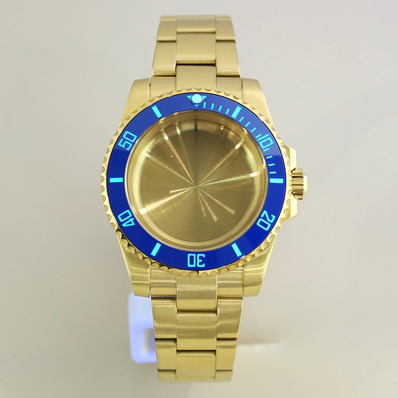 

40mm PVD Gold Watch Case with date window Sapphire glass For NH35 NH36 NH34 NH38 8215 Eta2824 Movement C3 Bezel oyster strap SUB