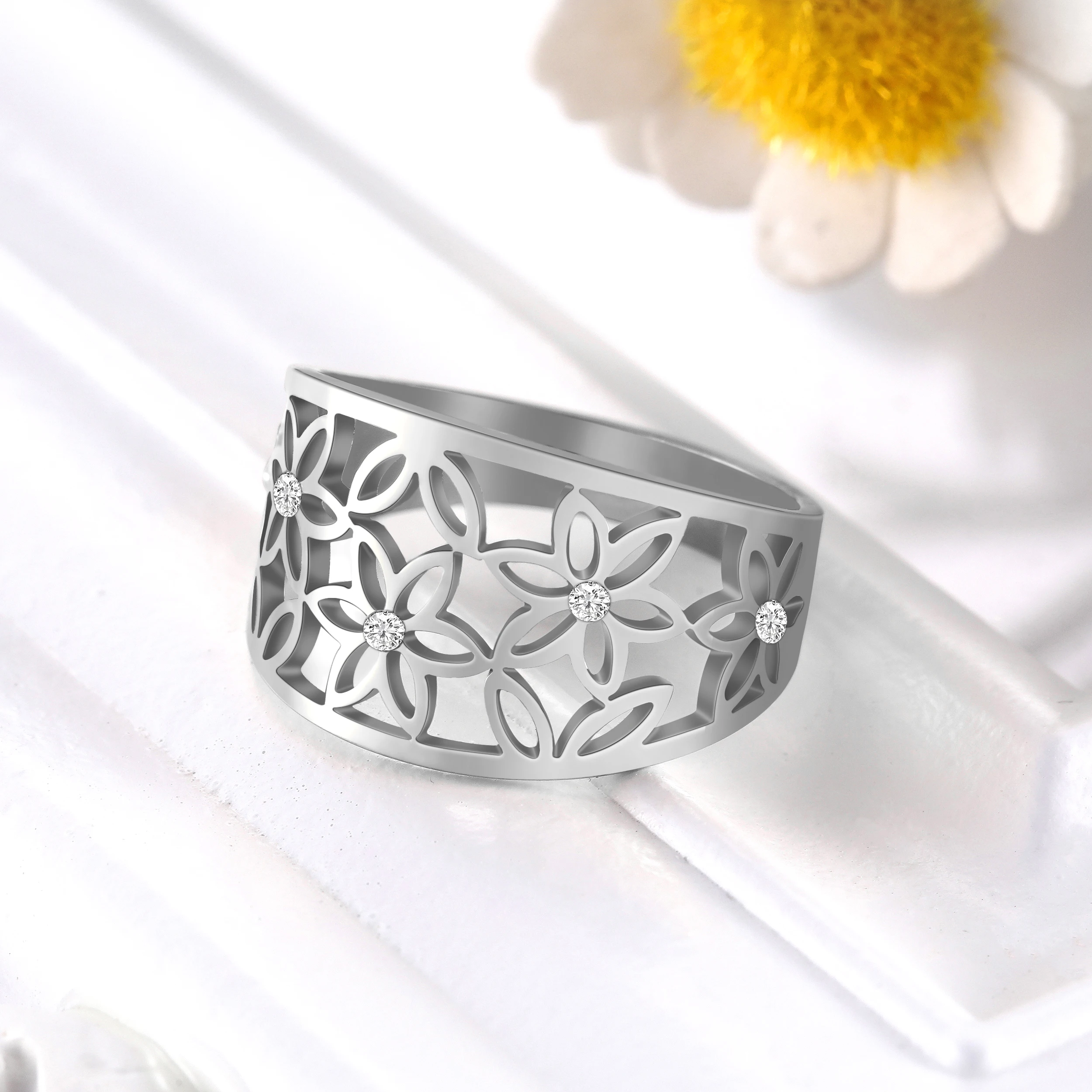 COOLTIME Flower of Life Zircon Rings Stainless Steel Rhinestone Engagement Finger Rings for Women Trend Jewelry Gift Wholesale