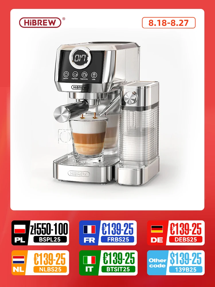 HiBREW 3-in-1 halbautomatische Espresso-Cappuccino-Latte-Kaffeemaschine, automatischer Milchschaum, gemahlener Kaffee, Edelstahl H13A