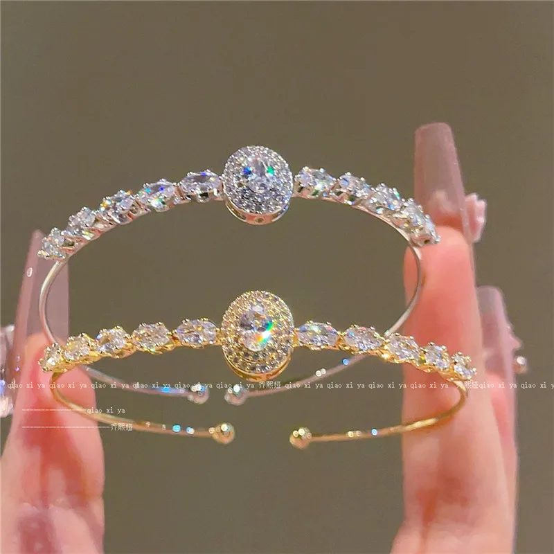 

CC Luxury Bangle High Quality White Zirconia Silver Gold Color Cuff Bracelet Oval Shape Adjustable Size Bracelets Gifts J1449