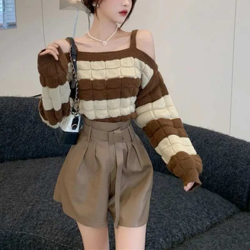 Stylish Slash Neck Off Shoulder Jumpers Autumn Winter Loose Striped Female Clothing Korean Contrasting Colors Knitted Sweaters