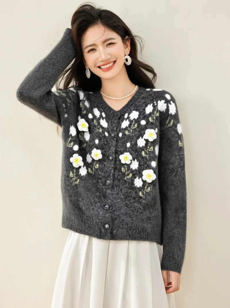 

Vintage Three Dimensional Flower Knitted Cardigan Sweater Women New Autumn Korean Style Slim Versatile Long Sleeve Knitwear Tops