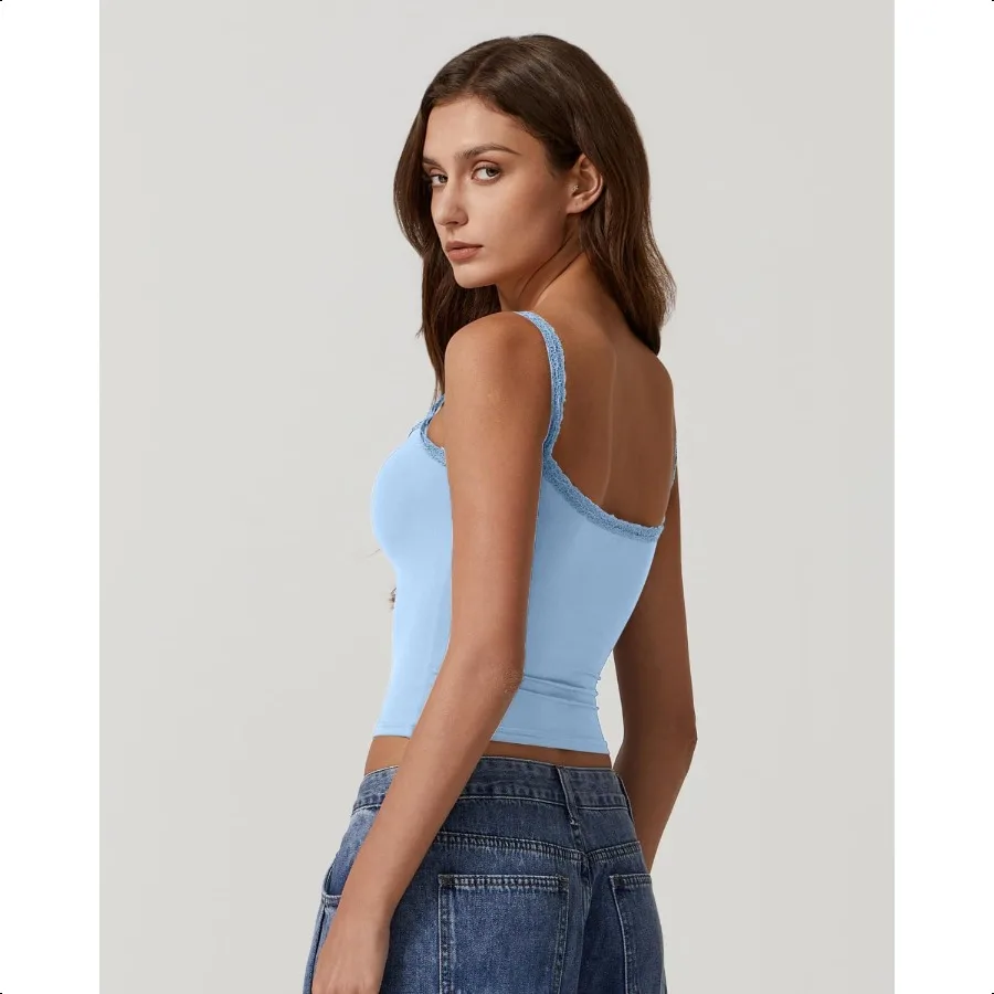 QINSEN レディース スクエアネック レース トリム タンク トップ ダブル裏地 スリム フィット Y2k お出かけ キャミソール シャツ