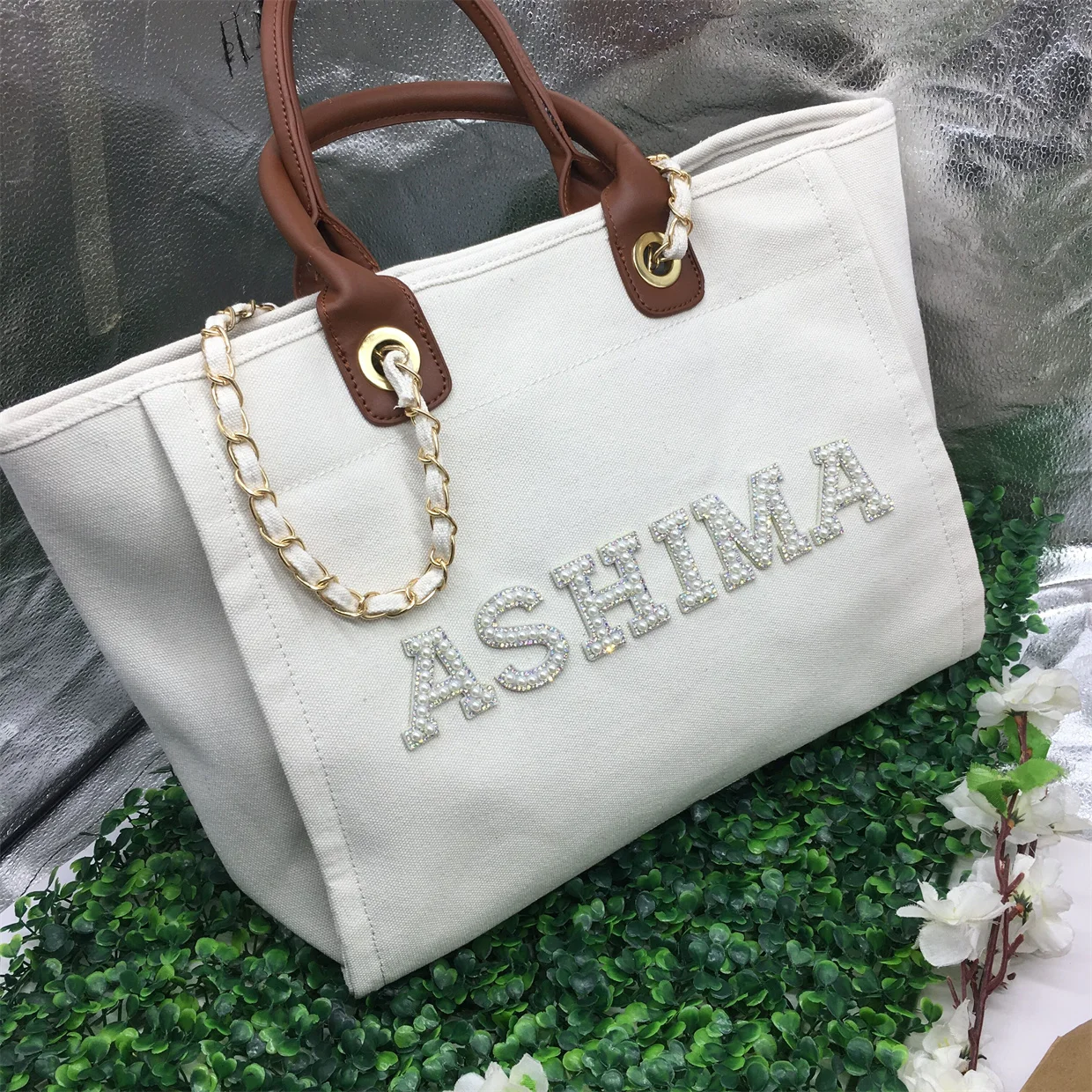 

Custom Name Cream Canvas Monogram Tote Bag, Tote Bag Embellished Personalized Pearl Rhinestone Lettering, Bride Beach Tote Bag