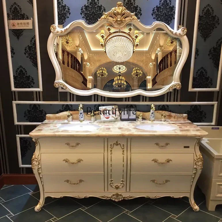 

New Curved Light Luxury European Bathroom Cabinet Oak Bathroom Face and Hand Washing Double Basin Combination Washstand