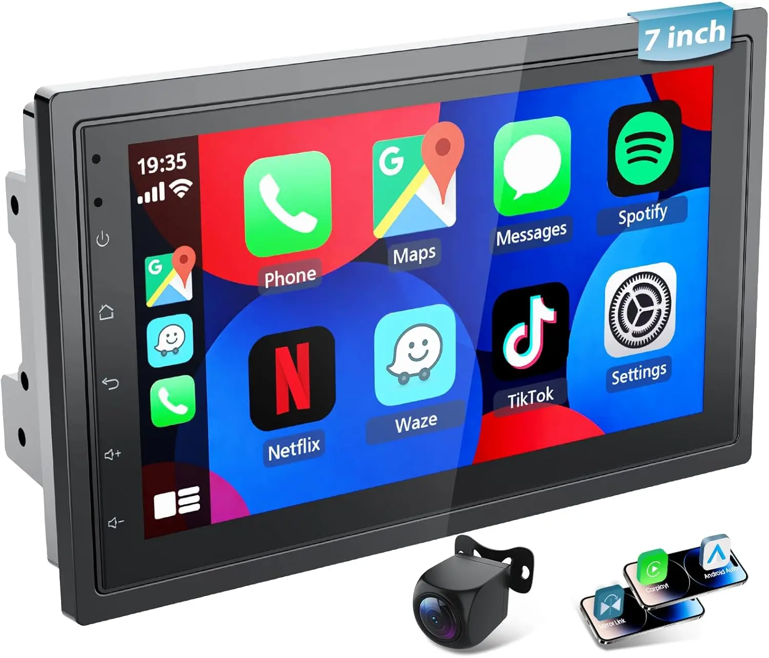

7 Inch Double DIN Car Stereo with Wireless CarPlay, Android Auto, 1080P Rear Camera, MirrorLink, Bluetooth, FM/AM, AUX, SWC